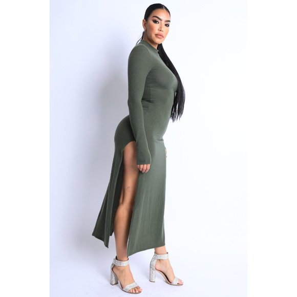 Women's Hacci Mock Neck Long Sleeves Double Slits Maxi Dress Olive S M L - Picture 7 of 10